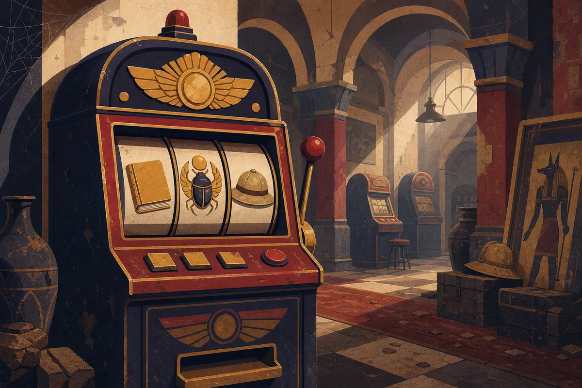 Klasszikus Novomatic játékok illusztráció: retro stílusú nyerőgép könyvvel és hagyományos szimbólumokkal