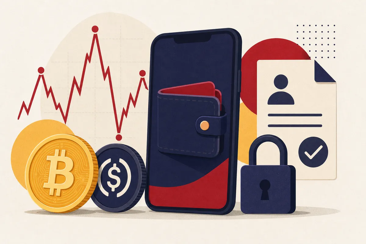 Kripto kaszinó illusztráció: bitcoin és USDT érmék, digitális tárca telefonon és egy ingadozó árfolyamgörbe