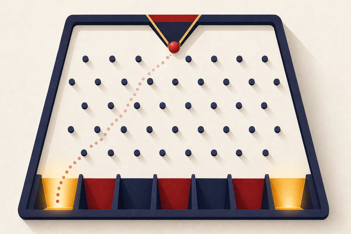 Plinko játék illusztráció: tüskéken lepattogó golyó, alul szorzós rekeszek különböző színekben