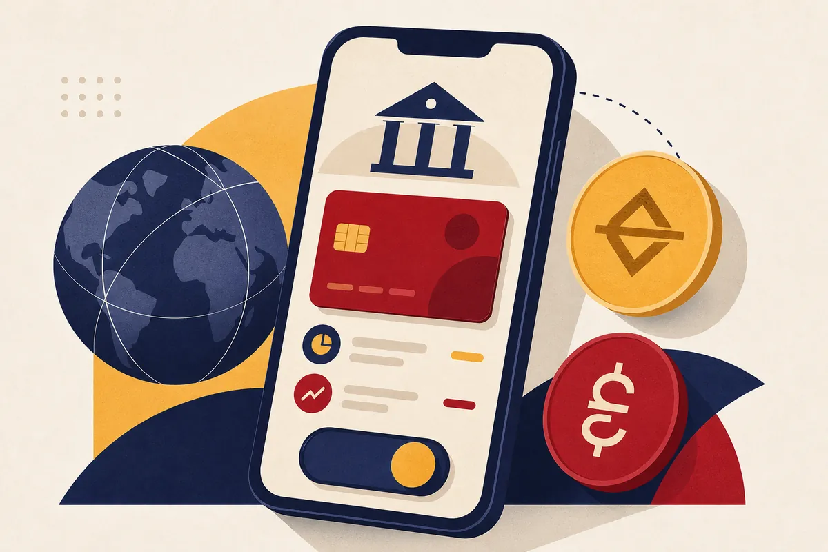 Revolut és online kaszinó illusztráció: fintech alkalmazás telefonon, kártya és fizetési képernyő kapcsolóval